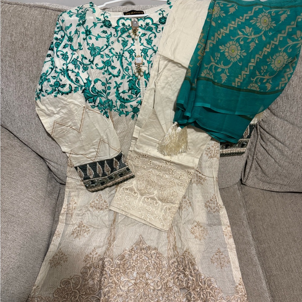 Elegant Teal and Cream Embroidered Dress Set